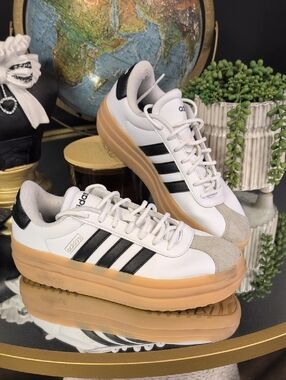 adidas White Sneakers with Black Stripes and Gum Platform Sole